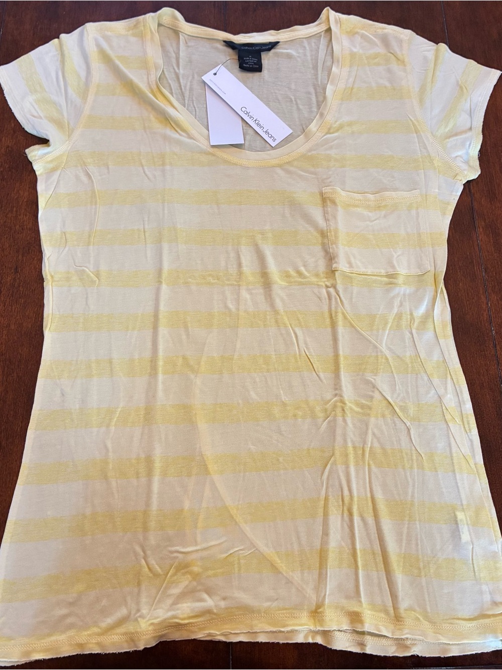 Calvin Klein Jeans Yellow and Cream Striped Short-Sleeve Pocket Tee